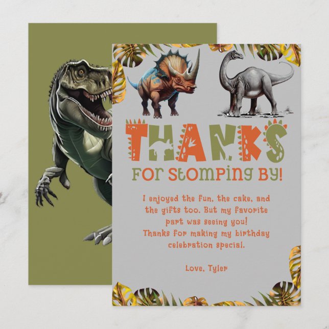 Dinosaur Kids Birthday Dino Grey Thank You Card (Front/Back)