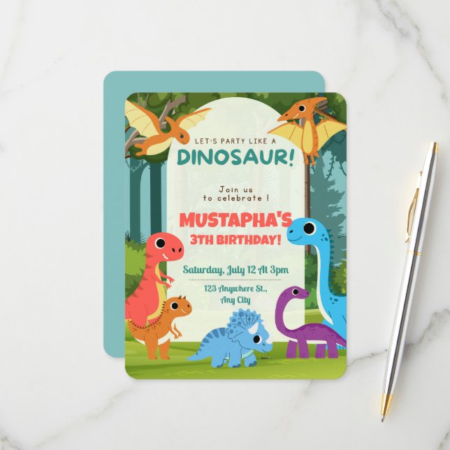 Dinosaur Kids Birthday Invitation Card (Front/Back In Situ)
