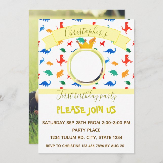 Dinosaur kids birthday party baby boy photo yellow invitation (Front/Back)