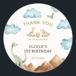 Dinosaur Kids Birthday Thank You Classic Round Sticker<br><div class="desc">Dinosaur themed kids birthday classic round sticker.</div>