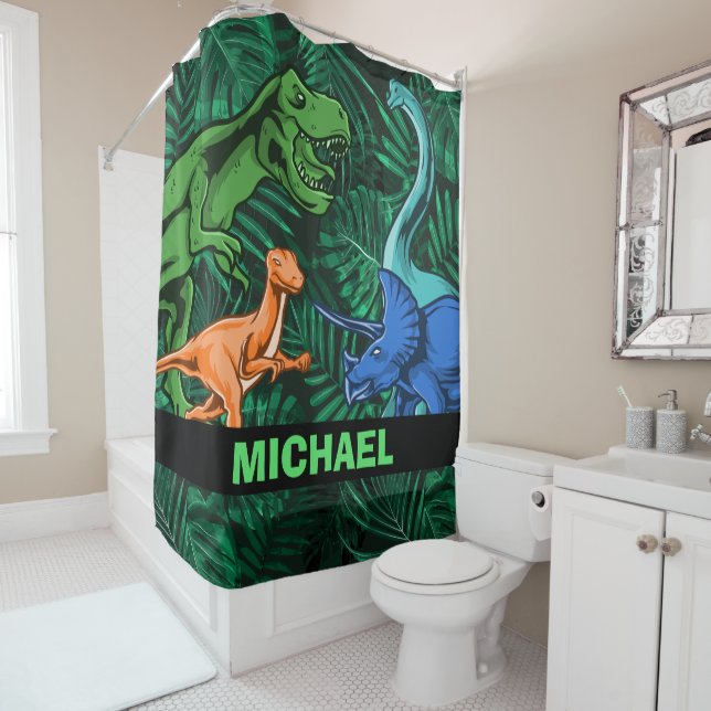 Dinosaur Kids Dino Jurassic Trex Boy Customisable Shower Curtain (In Situ)
