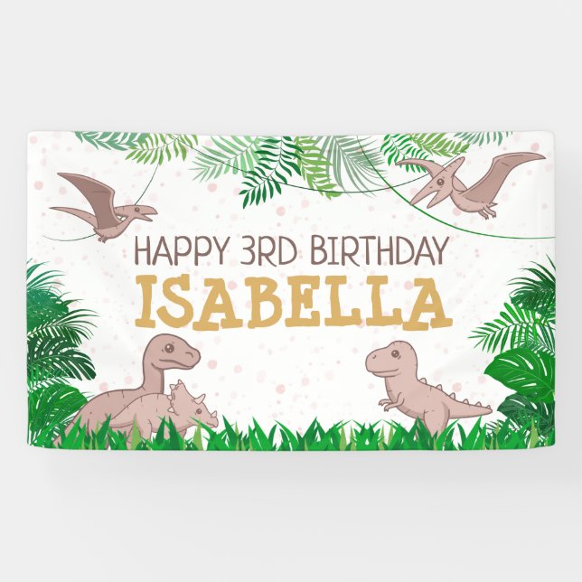 Dinosaur Kids Dino Jurassic Trex Girl Birthday Banner (Horizontal)