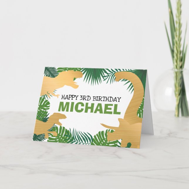 Dinosaur Kids Gold Dino Jurassic Trex Boy Birthday Card (Front)