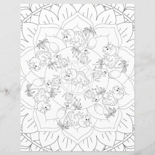 Dinosaur Mandala Fun Relaxing Kids Colouring Page (Front)