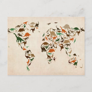 Dinosaur Map of the World Map Postcard