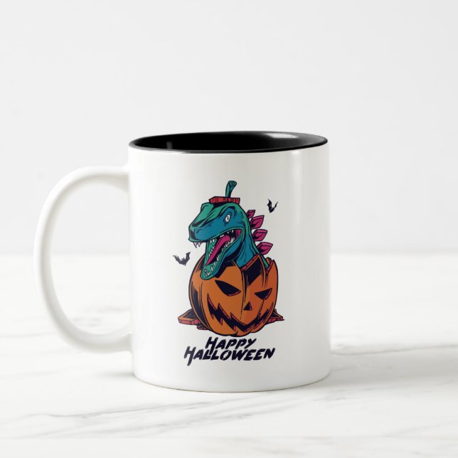 Dinosaur Monster Jack O Lantern Pumpkin Halloween Two-Tone Coffee Mug (Left)