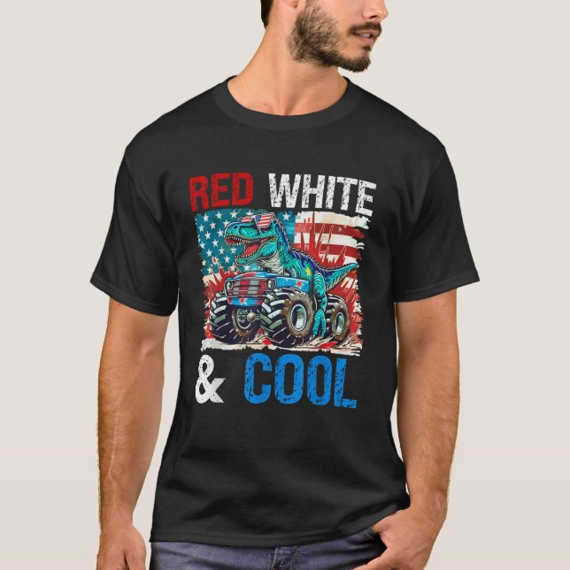 Dinosaur Monster Truck Dino 4th Of July Boys Ameri T-Shirt (Front)