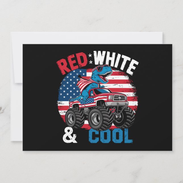 Dinosaur Monster Truck Dino 4th Of July Flag Boys Invitation (Front)