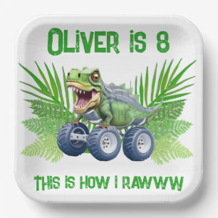 Dinosaur monster truck personalised birthday paper plate
