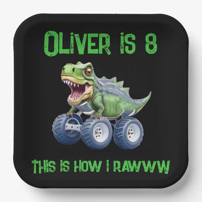 Dinosaur monster truck personalised birthday  paper plate (Front)