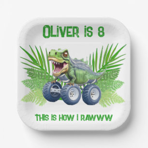 Dinosaur monster truck personalised birthday paper plate