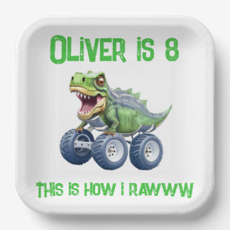 Dinosaur monster truck personalised birthday paper plate