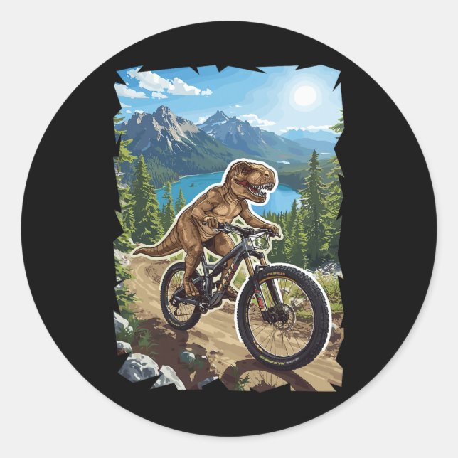 Dinosaur Mountain Biking Through Forest Trail  Classic Round Sticker (Front)