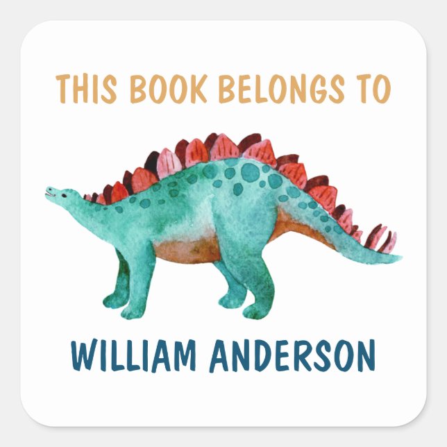 Dinosaur Name “This book belongs to” School Square Sticker (Front)
