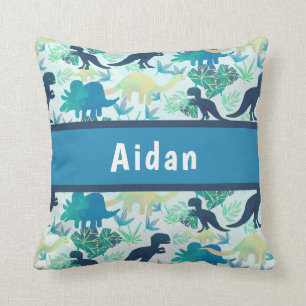 Dinosaur Navy Blue Green Teal Throw Pillow