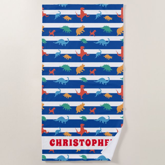 Dinosaur Navy Stripes Pattern Summer Kids Beach Towel (Front)