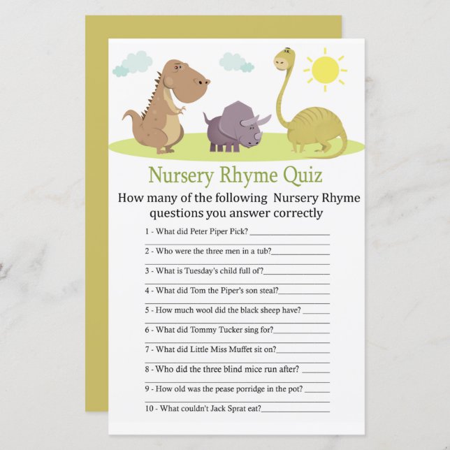 Dinosaur Nursery Rhyme Quiz baby shower game (Front/Back)