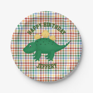 Dinosaur on Colourful Plaid Kids Birthday Party Paper Plate