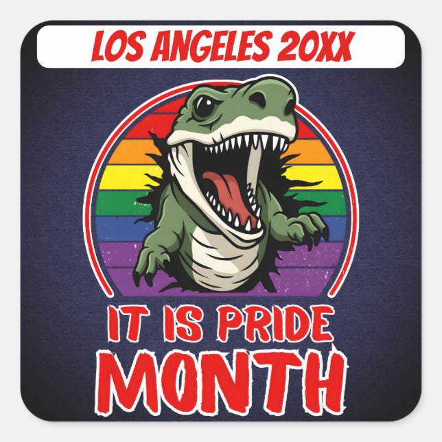 Dinosaur On Rainbow Flag Colours Background Square Sticker (Front)