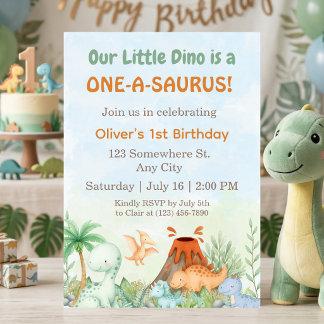 Dinosaur One-A-Saurus 1st Birthday  Invitation