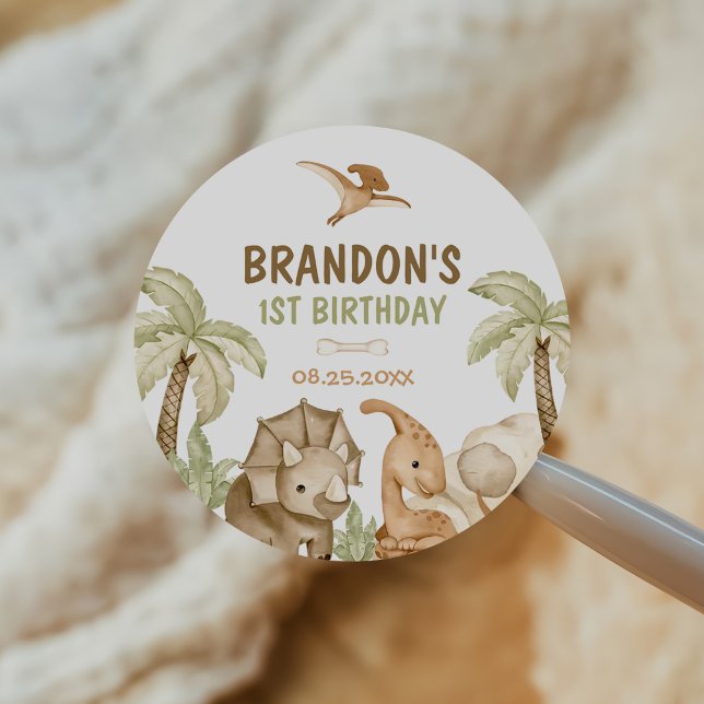 Dinosaur One-A-Saurus 1st Birthday Party Classic Round Sticker (Creator Uploaded)