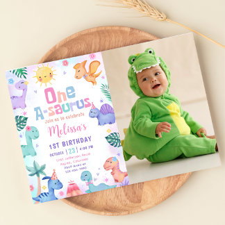 Dinosaur One-A-Saurus 1st Birthday Photo Invitation