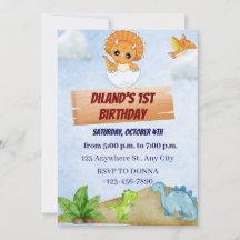 Dinosaur One A-Saurus Boy 1st Birthday Invitation