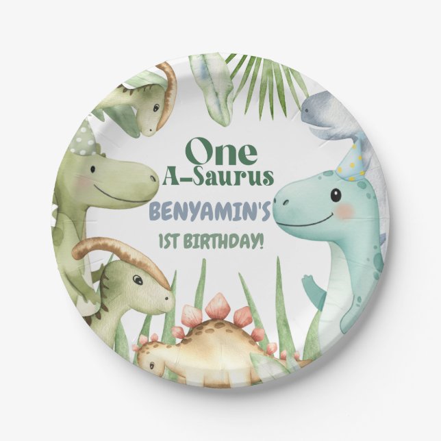 Dinosaur One-A-Saurus Boy 1st Birthday Party Invit Paper Plate (Front)