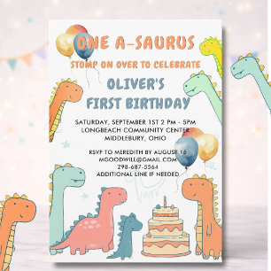 Dinosaur One-A-Saurus Boy 1st Birthday Party   Invitation