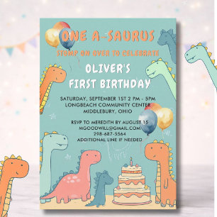 Dinosaur One-A-Saurus Boy 1st Birthday Party  Invitation