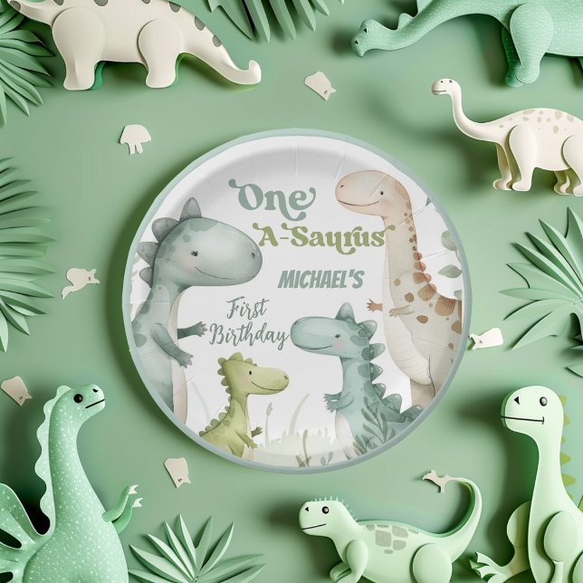 Dinosaur One-A-Saurus Boy 1st Birthday Party Paper Plate (Creator Uploaded)
