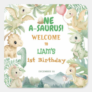 Dinosaur One-A-Saurus Boy 1st Birthday Party Square Sticker