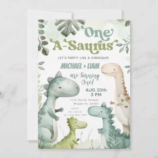 Dinosaur One-A-Saurus Twin Boys 1st Birthday Party Invitation