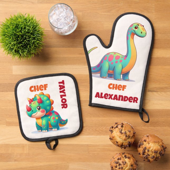 Dinosaur Oven Mitt & Pot Holder Set (Top Down)