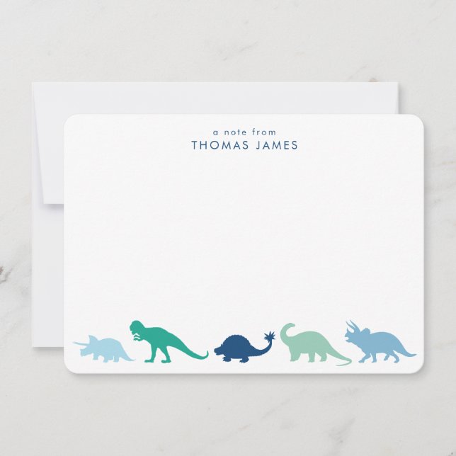 Dinosaur Parade, Teal and Blue Personalised Card (Front)
