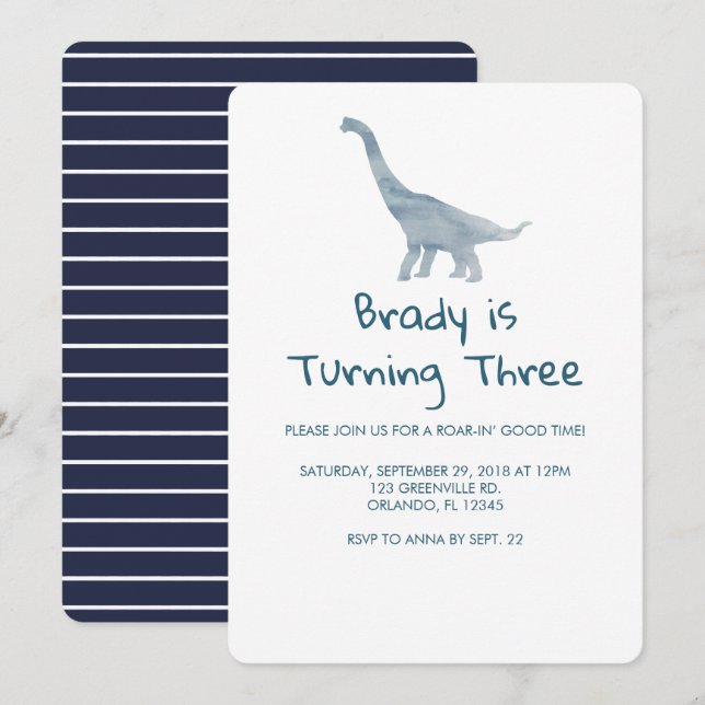 Dinosaur Party Blue Stripe Invitation (Front/Back)