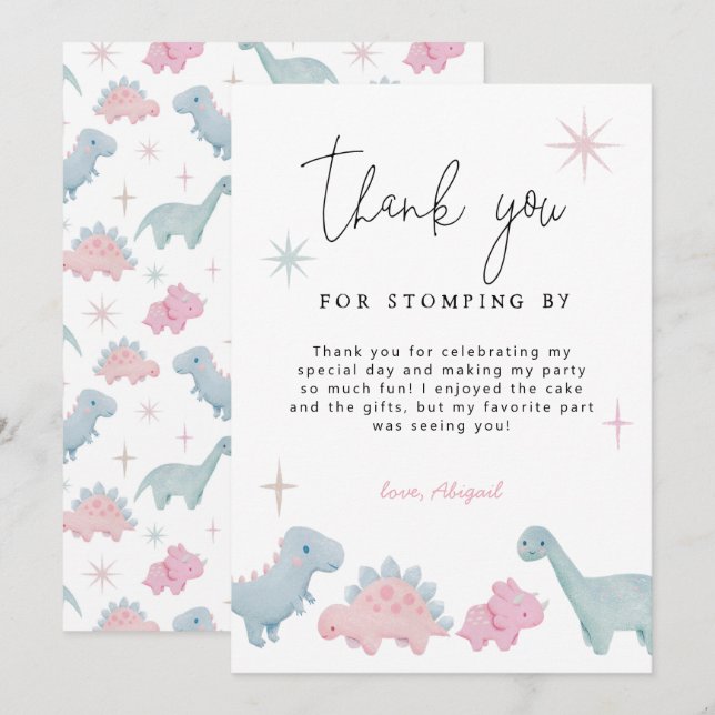 Dinosaur Party Girl Birthday Thank You Card (Front/Back)
