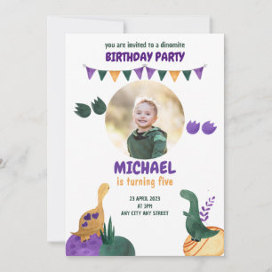 Dinosaur Party Green Purple Dinomite Boy Birthday Invitation