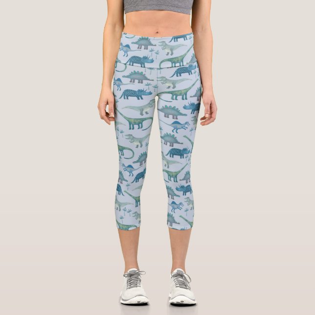 Dinosaur Pattern Blue Capri Leggings (Front)
