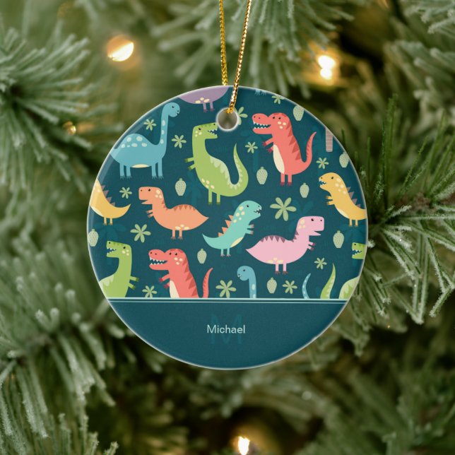 Dinosaur Pattern Blue Kid Monogram Boy Christmas Ceramic Ornament (Tree)