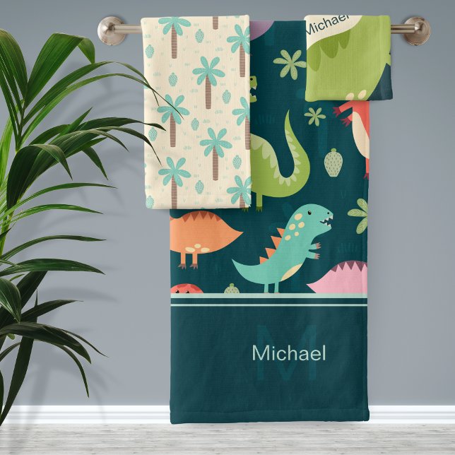 Dinosaur Pattern Blue Monogrammed Kid Boy Bathroom Bath Towel Set (Creator Uploaded)