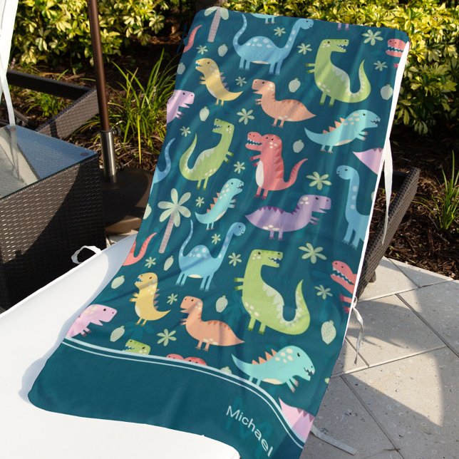 Dinosaur Pattern Blue Monogrammed Kid Boy Beach Towel (Creator Uploaded)