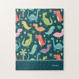 Dinosaur Pattern Blue Monogrammed Kid Boy Jigsaw Puzzle