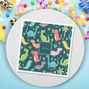 Dinosaur Pattern Blue Monogrammed Kid Boy Party Napkin