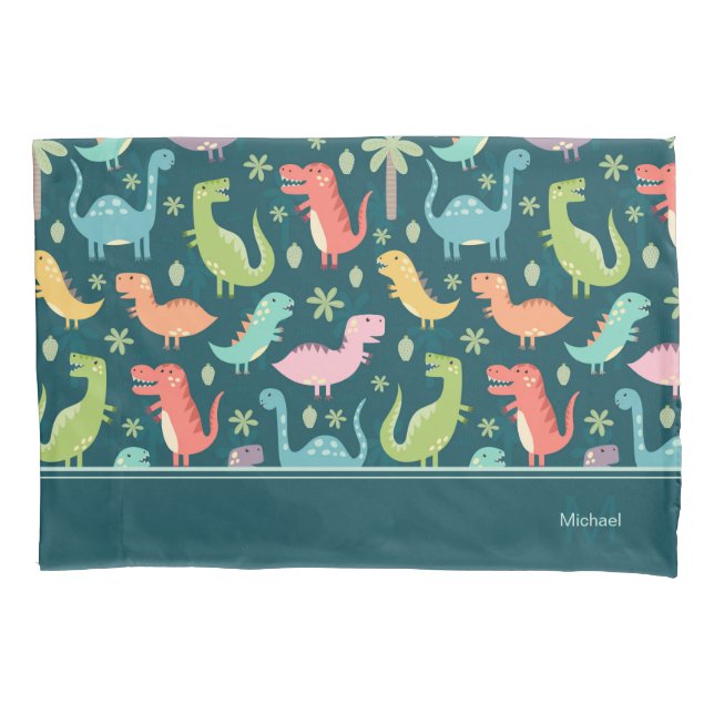 Dinosaur Pattern Blue Monogrammed Kid Boy Pillowcase (Front)