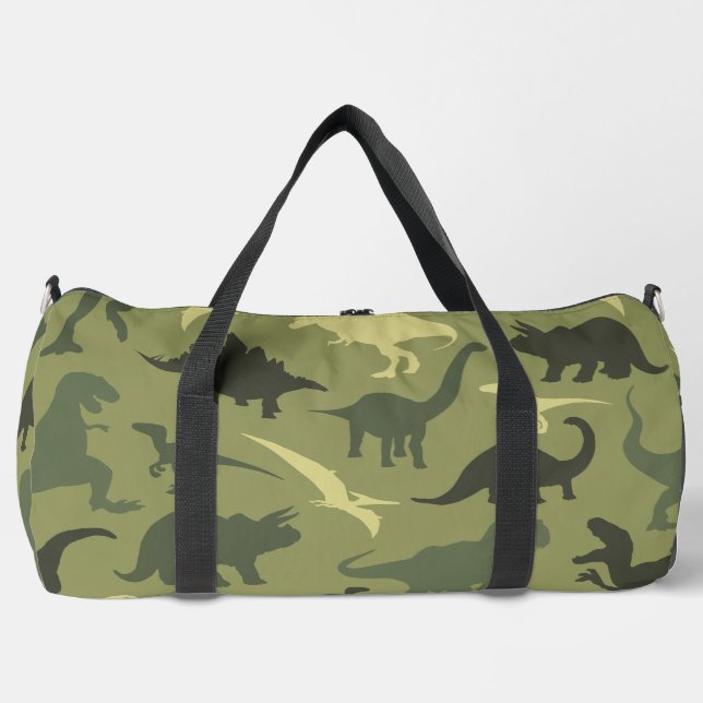Dinosaur Pattern, Dinosaur Silhouette, Green Dino Duffle Bag (Front)
