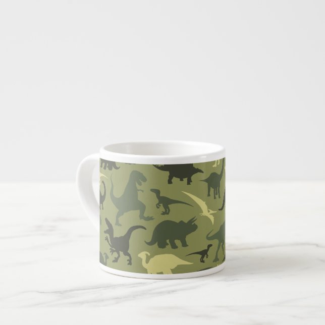 Dinosaur Pattern, Dinosaur Silhouette, Green Dino Espresso Cup (Front Left)