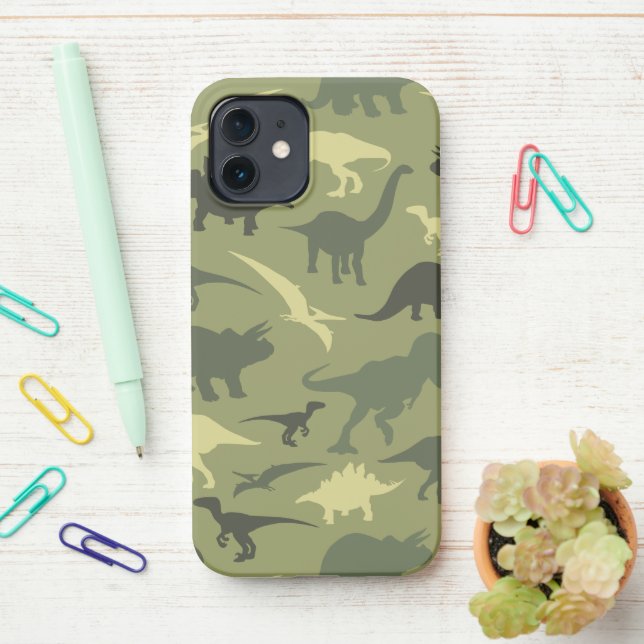 Dinosaur Pattern, Dinosaur Silhouette, Green Dino iPhone Case (On Desk)