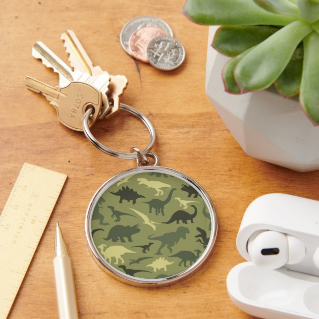 Dinosaur Pattern, Dinosaur Silhouette, Green Dino Key Ring (Desk)