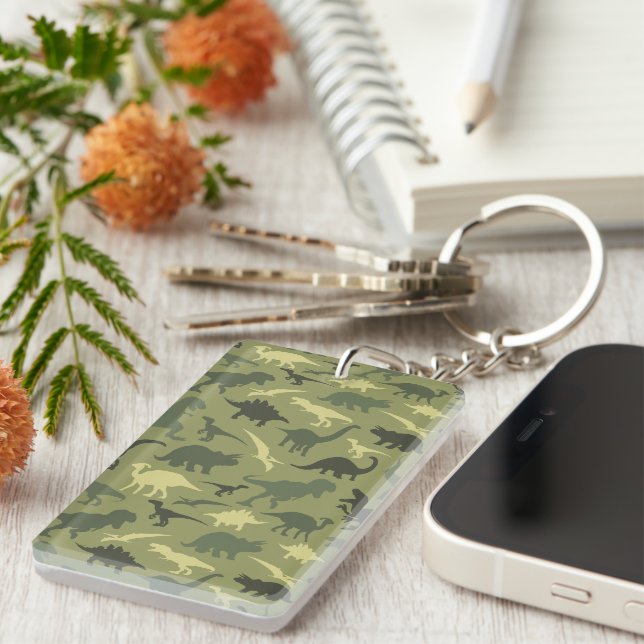 Dinosaur Pattern, Dinosaur Silhouette, Green Dino Key Ring (Front Right)